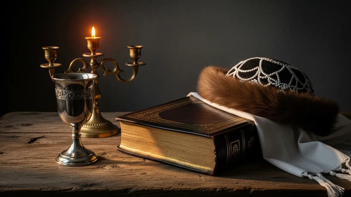 Worn study table with silver kiddush cup, leather-bound sefer, brass candelabra, and fur hat in warm amber light