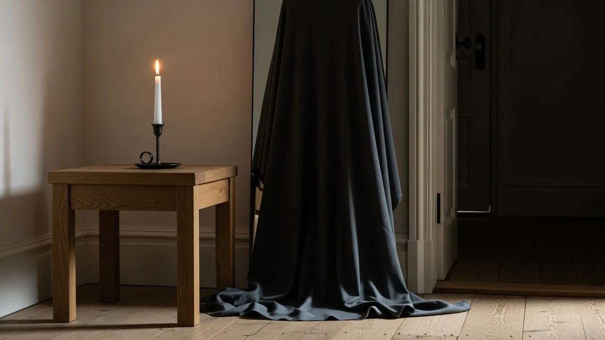 A solitary white candle burning beside a draped mirror in a dim, quiet room, symbolizing Jewish mourning traditions