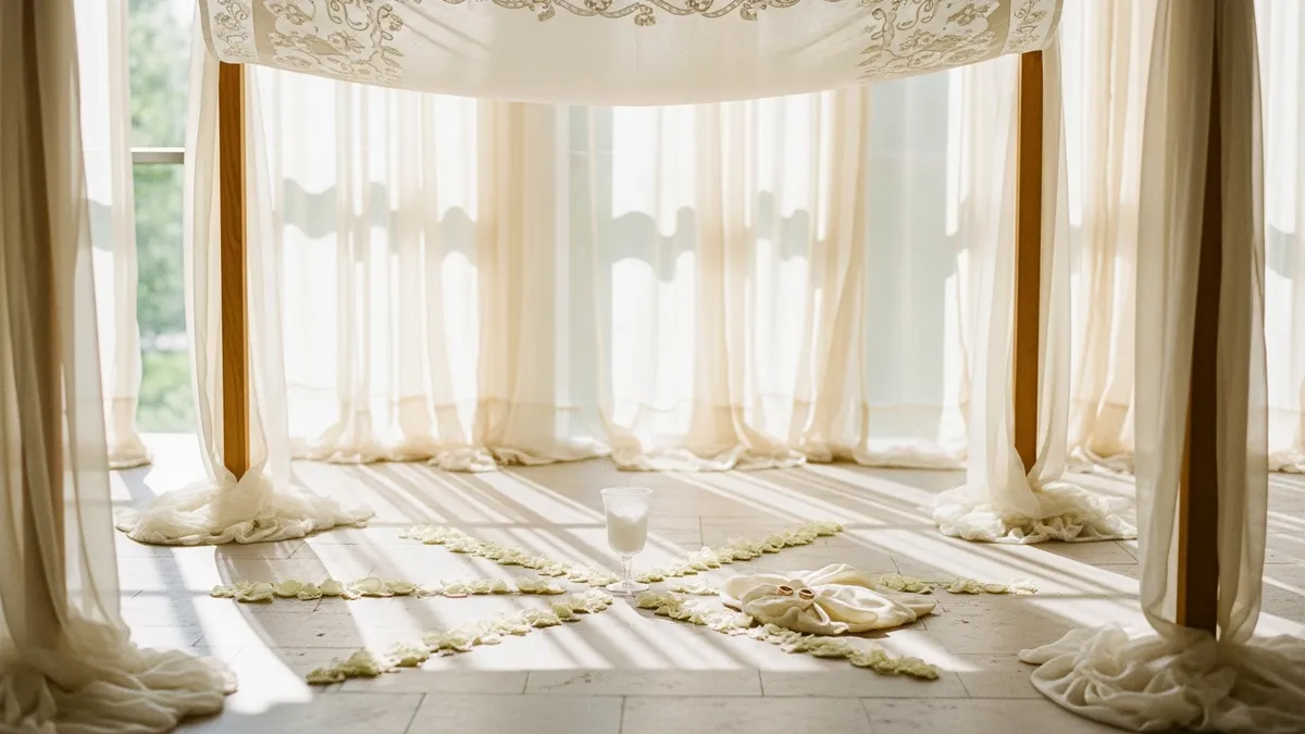 White embroidered chuppah canopy with wrapped glass and open ketubah scroll in soft daylight