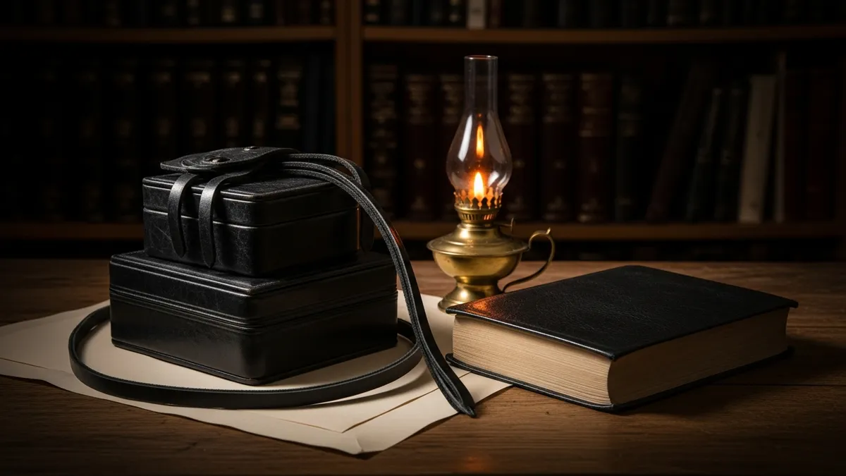 Open Talmud and coiled tefillin on an oak study table bathed in soft window light inside a beis medrash