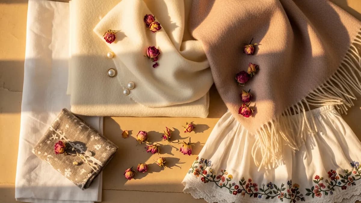 Flat-lay of ivory linen, draped woolen shawl, pearl buttons, and embroidered hem on aged parchment with dried roses