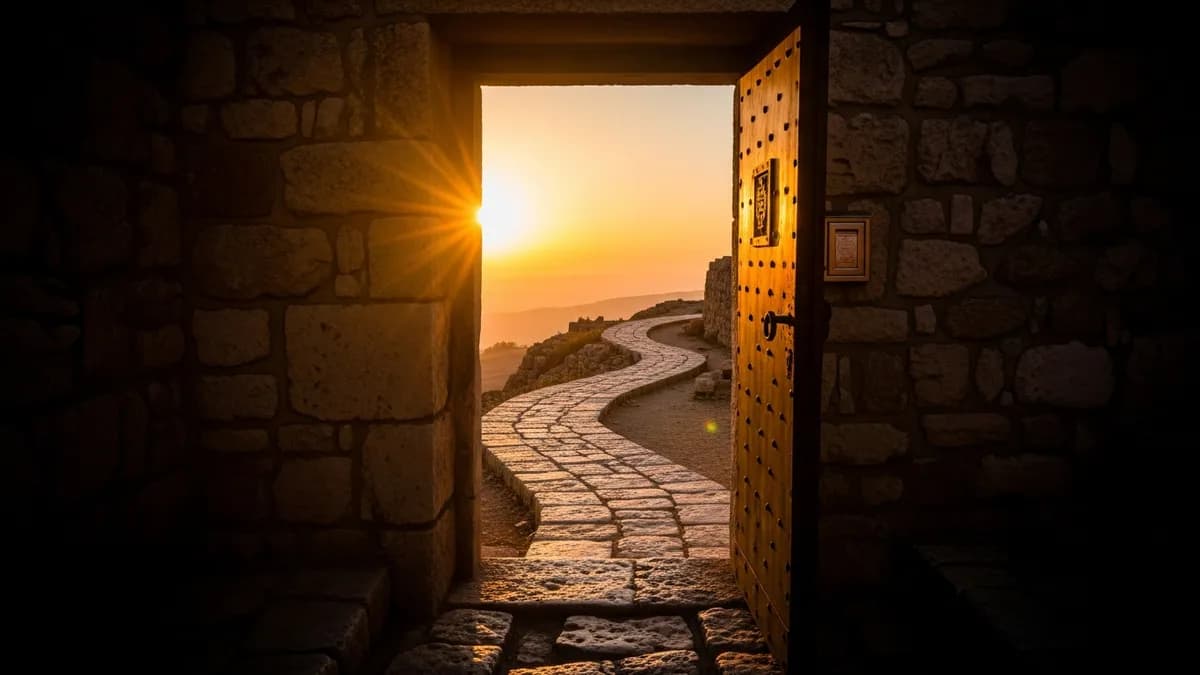 Stone doorway with mezuzah opening to a golden-light ancient path stretching toward a luminous horizon