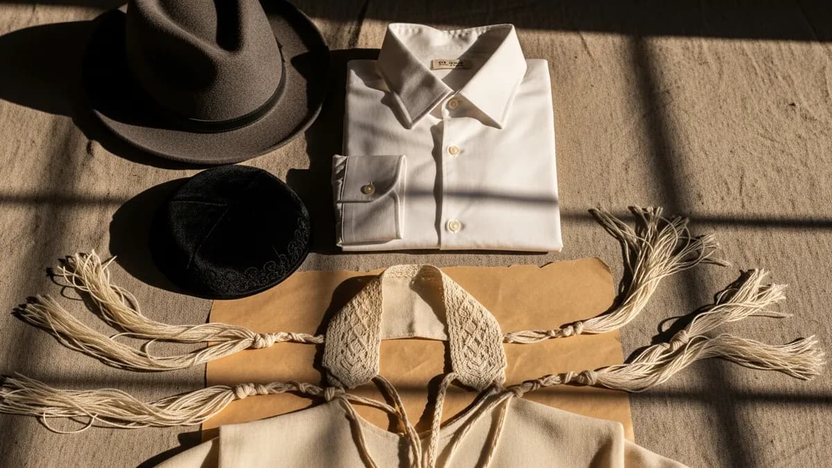 Dark wool fedora, velvet kippah, white tzitzit fringes, and folded garments arranged on warm linen in soft amber light