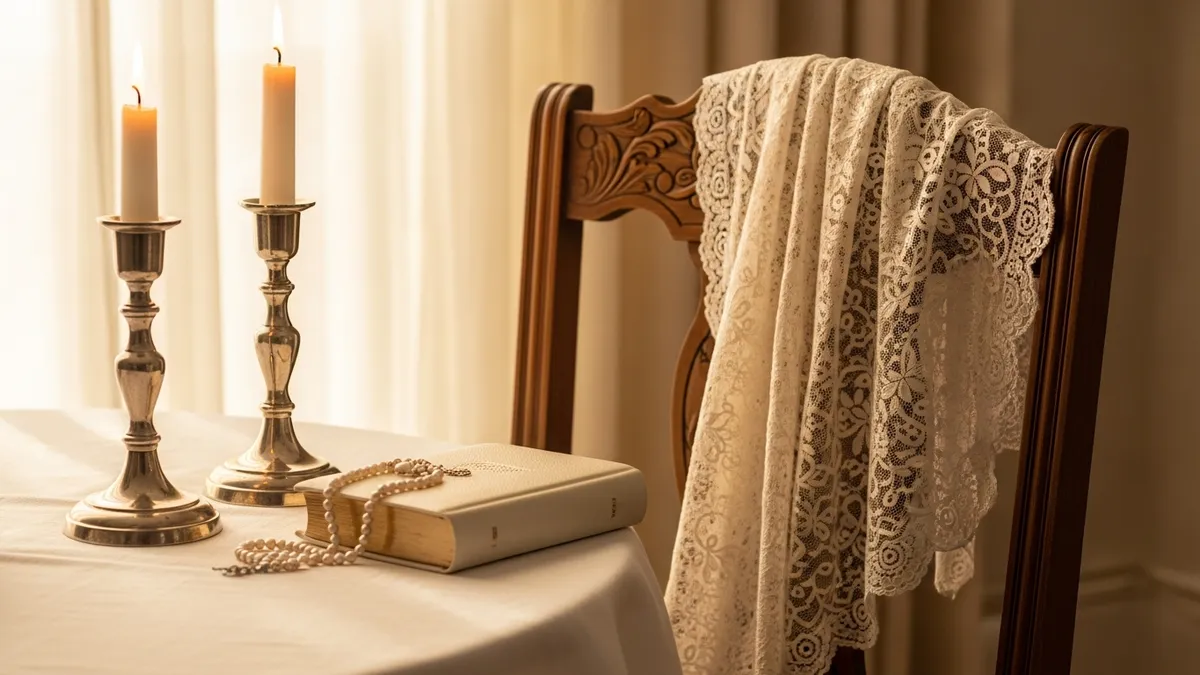 Silver Shabbos candlesticks and lace head-covering on a linen-draped table in soft candlelight