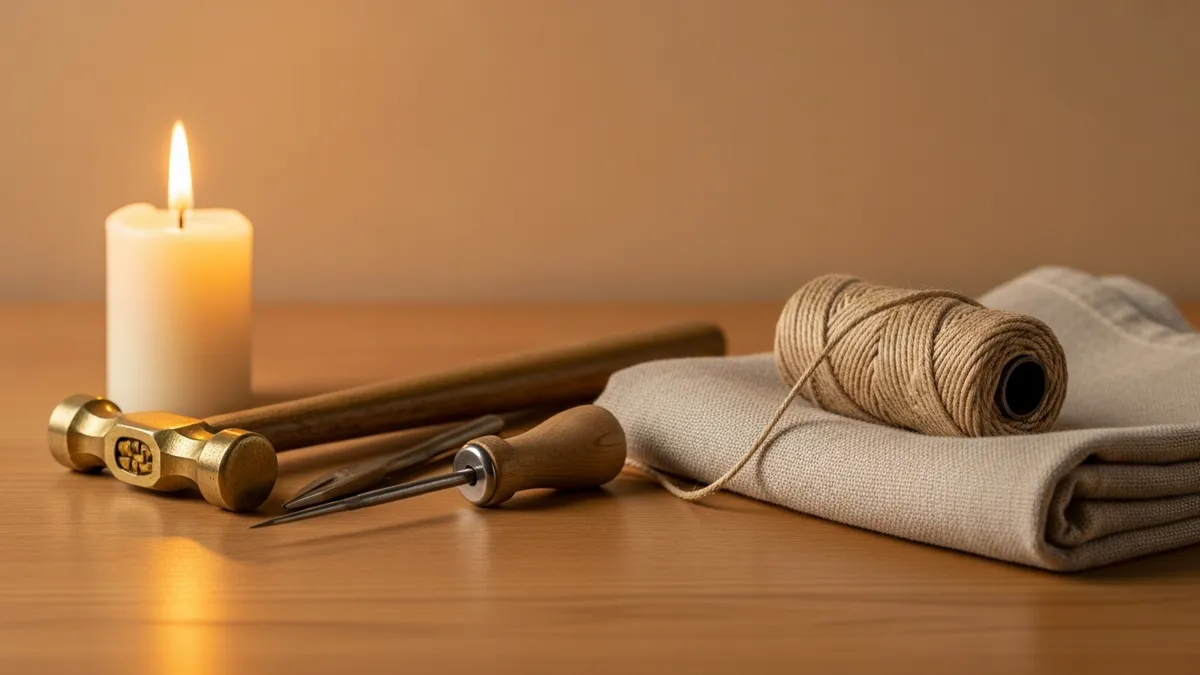 Craftsman's tools resting on a worn wooden table in warm candlelight, work paused at the Shabbat threshold