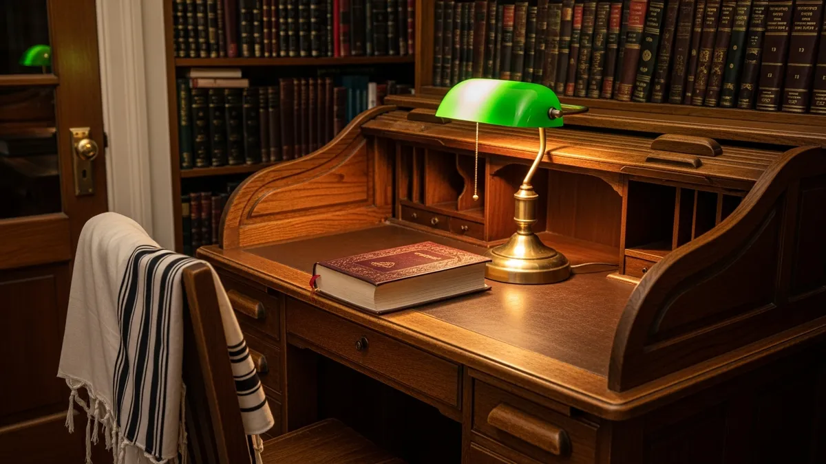 Cozy Brooklyn study nook with open sefer, brass lamp, draped tallit, and mezuzah-adorned doorpost