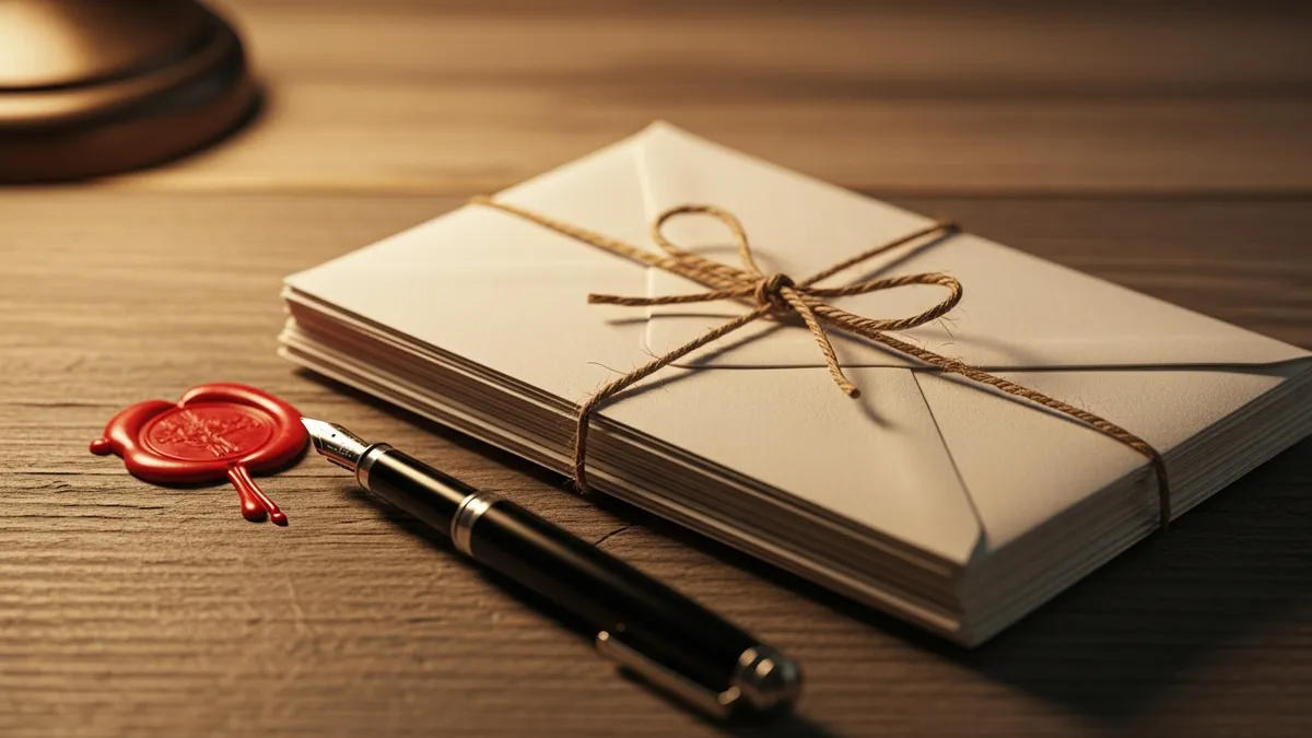 Stack of aged cream letters tied with linen ribbon on a dark writing desk beside a brass inkwell in warm window light