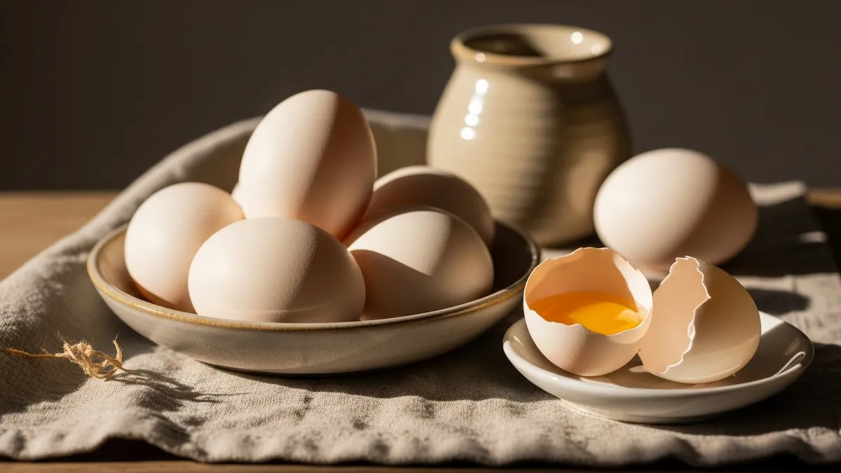 Fresh eggs in a ceramic bowl on linen in soft morning light, one cracked open for inspection beside it