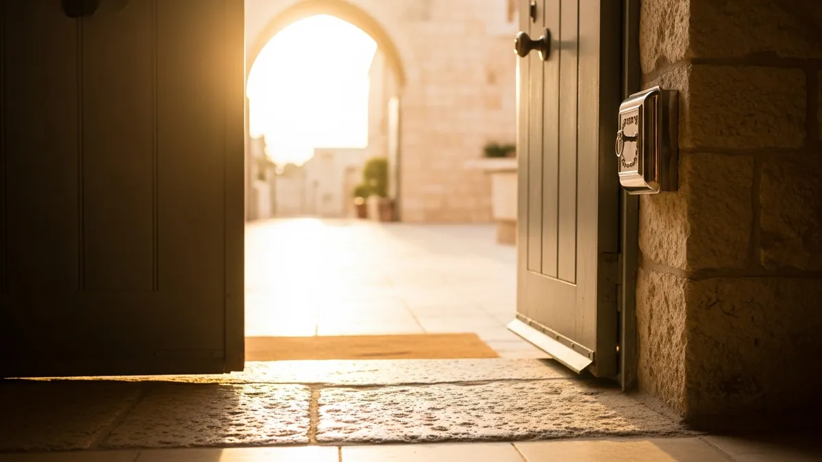 A welcoming doorway with a mezuzah on the doorpost, slightly ajar and glowing with warm amber light