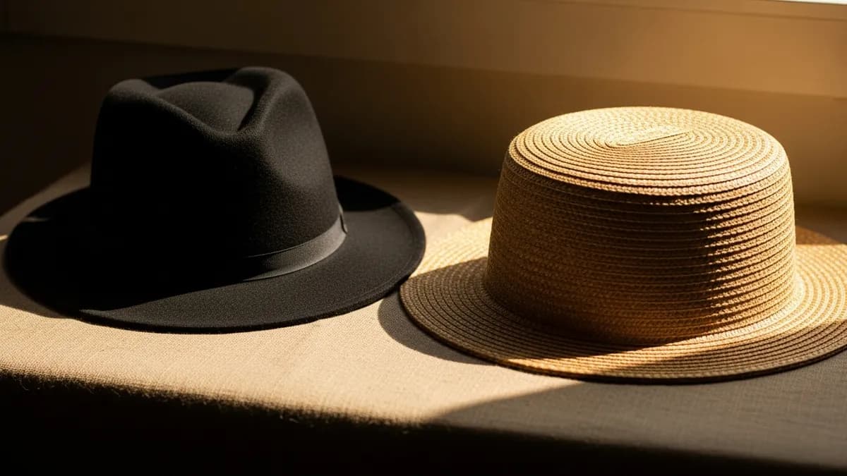 Black wool fedora and flat-brimmed straw hat resting side by side on aged linen, warm amber light