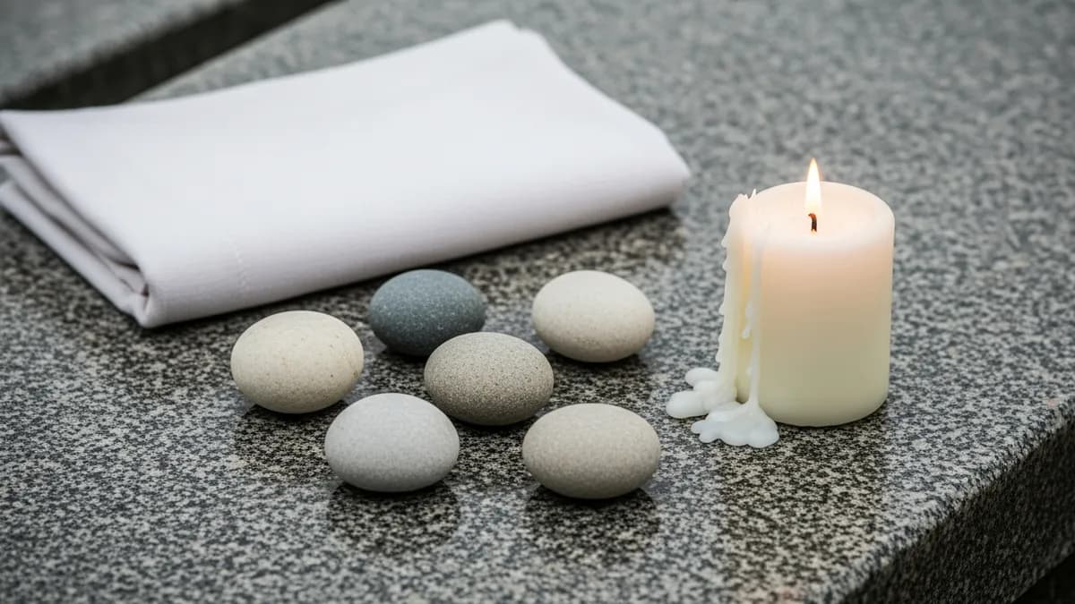 Single white candle and polished river stone on dark slate, quiet diffused light and gentle smoke