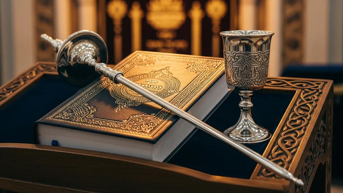 Open Chumash on a velvet-draped reading stand beside a silver kiddush cup and lit candle in warm synagogue light