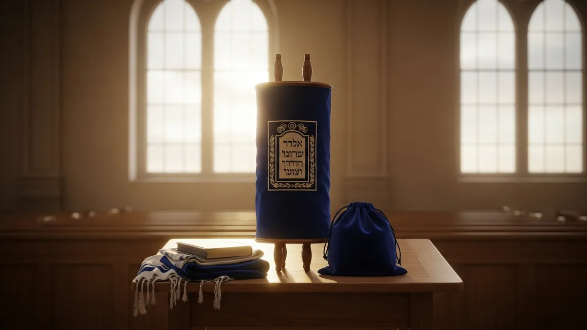 A dressed Torah scroll beside a folded prayer shawl on a synagogue reading table