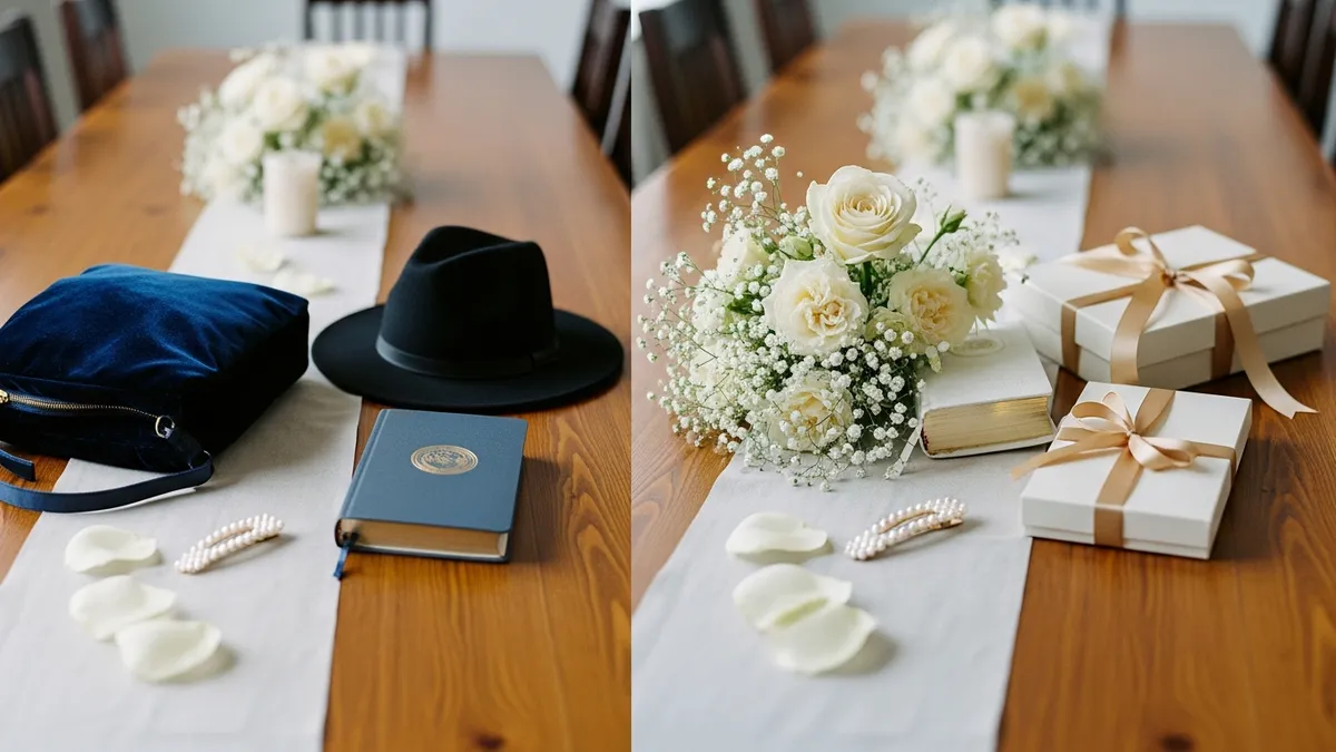A split still life: tefillin bag and hat beside flowers and a white prayer book