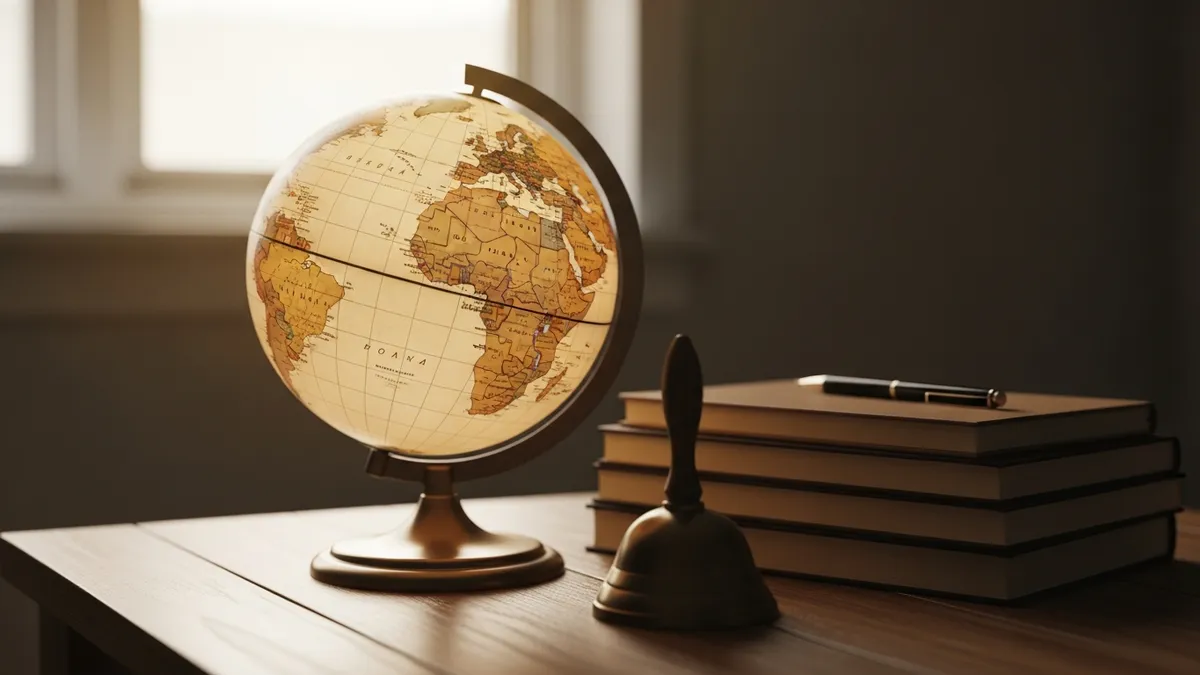 An aged-parchment globe on a wooden desk beside notebooks and a small brass bell