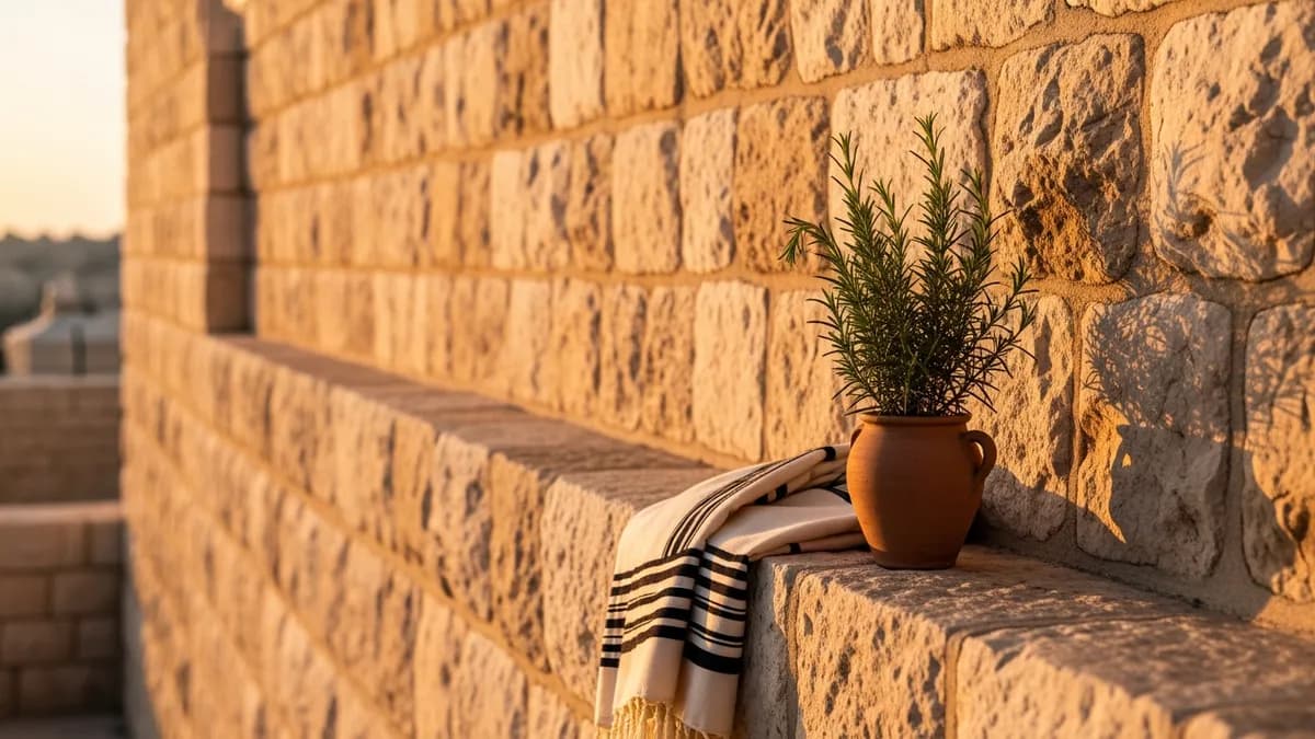 Jerusalem stone ledge in golden light with a clay pot of rosemary and a folded shawl