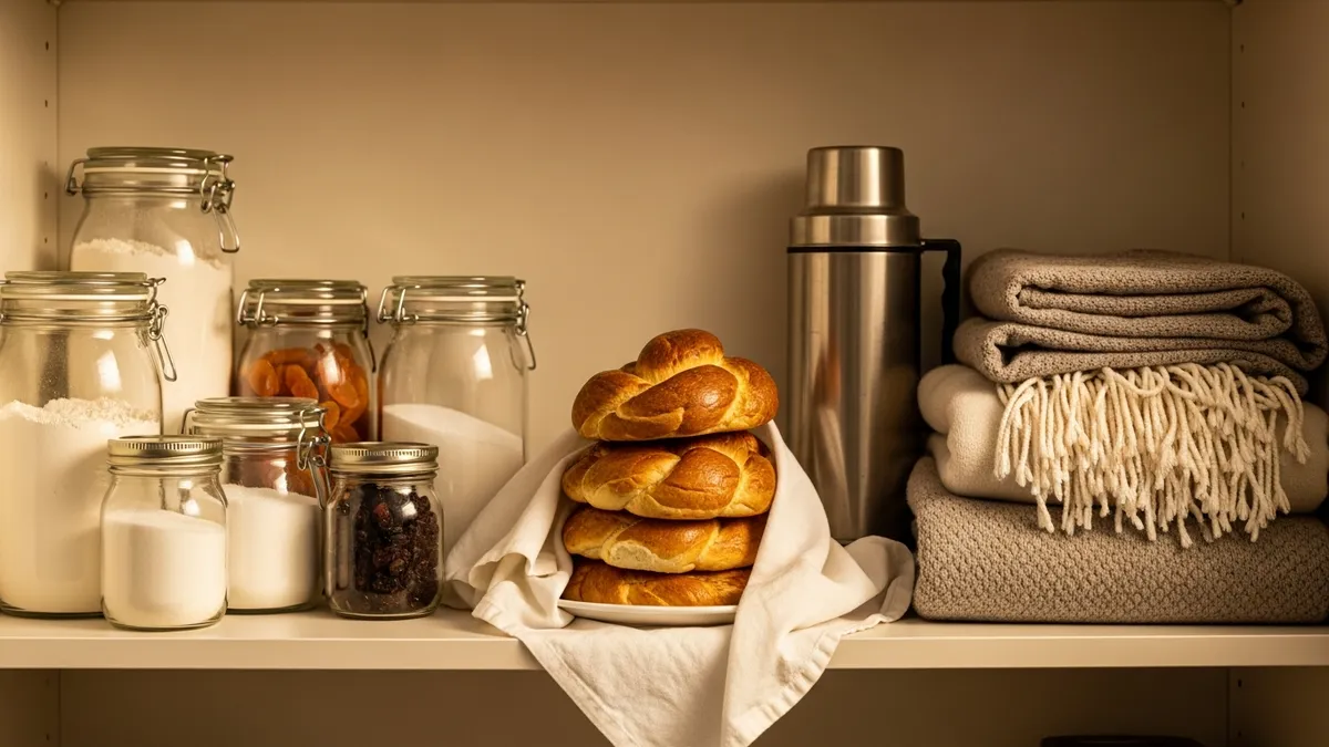 A stocked pantry shelf with challah rolls, jars, a thermos and folded blankets