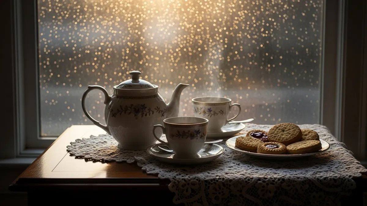 A porcelain tea service on lace by a rainy window in soft light
