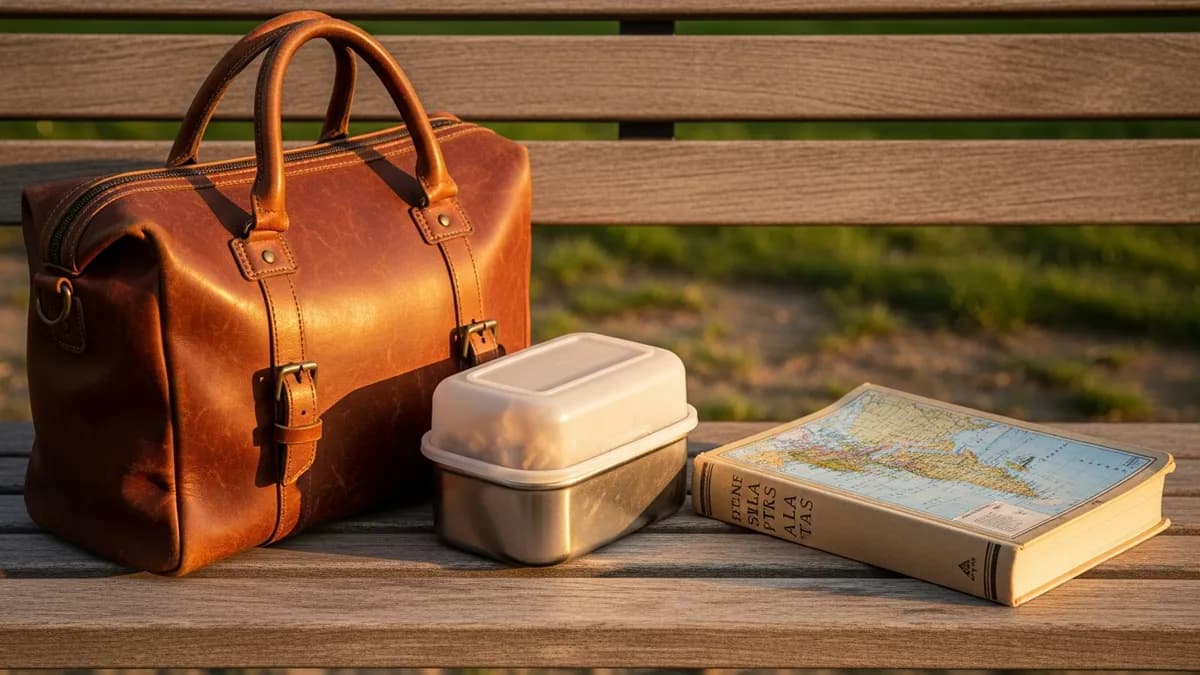 A leather travel bag beside a covered food container on a wooden bench