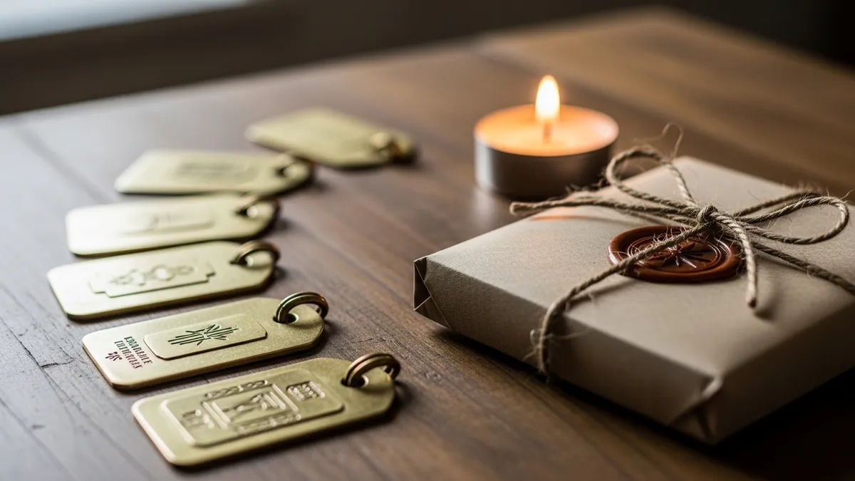 Brass luggage tags beside a wrapped care package tied with string