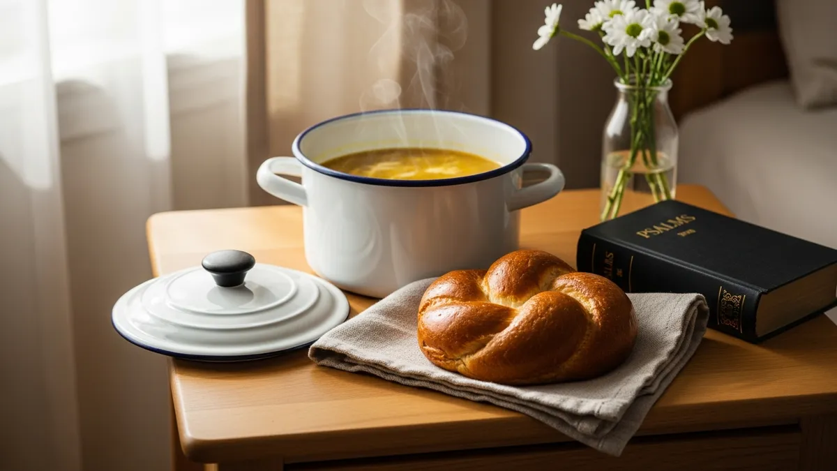 A bedside table with warm chicken soup, a wrapped challah roll, and a small book of Psalms in soft morning light