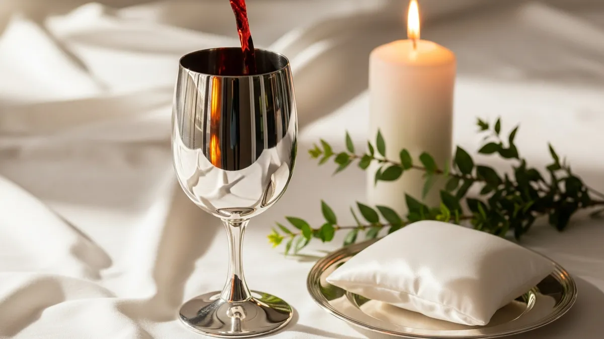 Silver kiddush cup of wine on white embroidered linen beside a burning taper candle in warm amber light