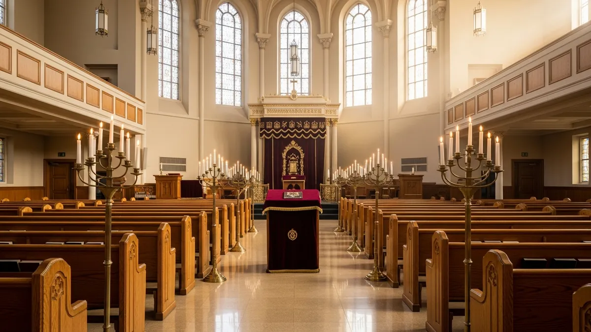 Empty Orthodox synagogue sanctuary with honey-oak pews, velvet-draped aron kodesh, and warm morning light through arched windows