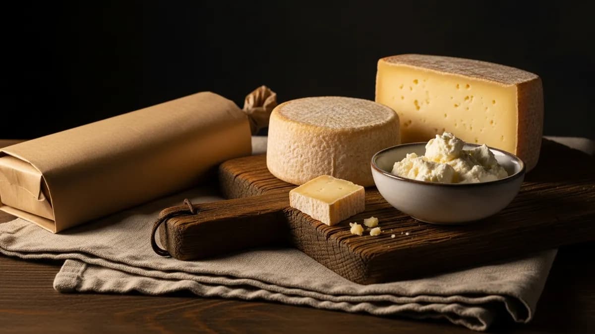 Artisan kosher cheeses on aged wood board with kraft paper wrapping in warm amber kitchen light