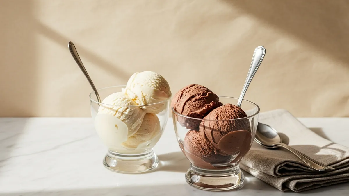Two glass cups of kosher ice cream on marble surface with silver spoons in soft natural window light