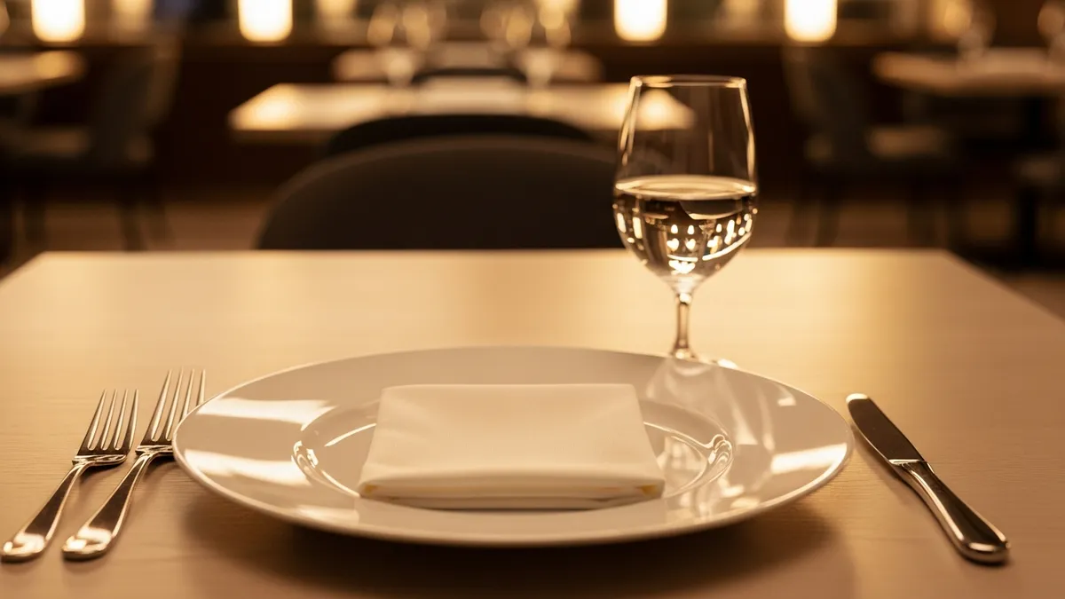 Elegant kosher restaurant table with white plates, silverware, crystal glasses, and glowing brass candlestick