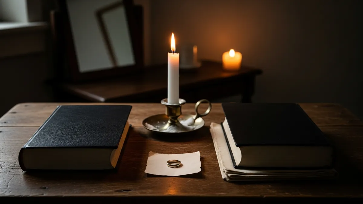 A gold wedding band resting on aged parchment beside an open book and a single burning candle on a worn wooden table