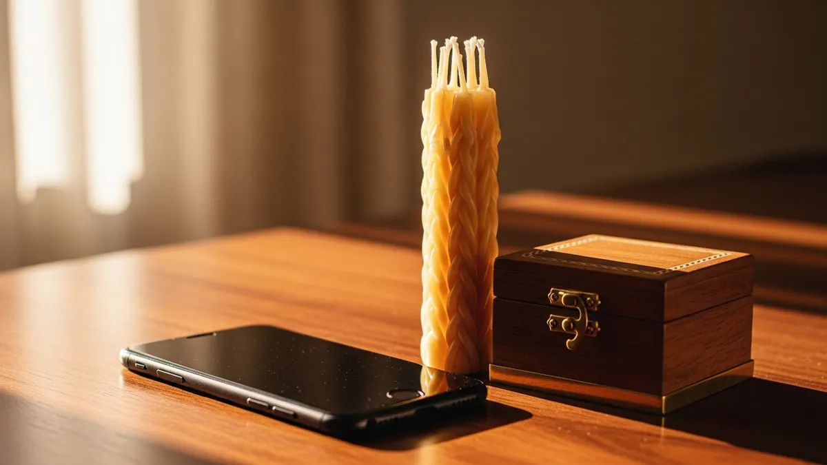 A smartphone face-down beside a braided havdalah candle and ornate silver spice box in warm late-afternoon light