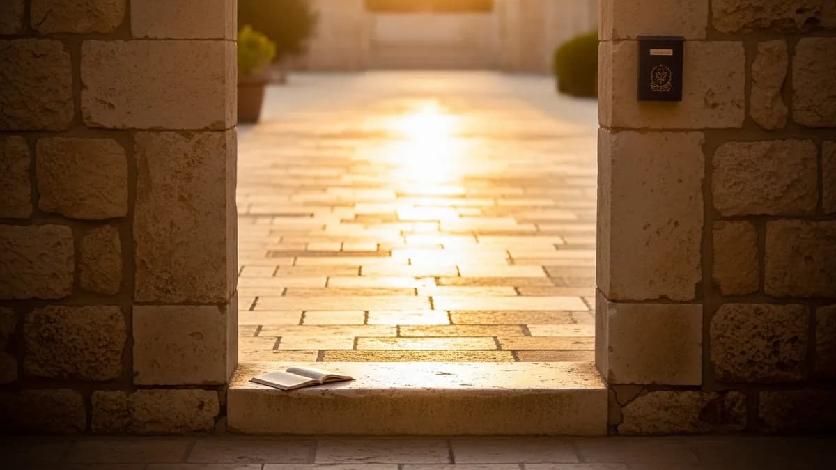 A stone doorway with a mezuzah and open book on the threshold, framing a sun-lit courtyard path at dawn