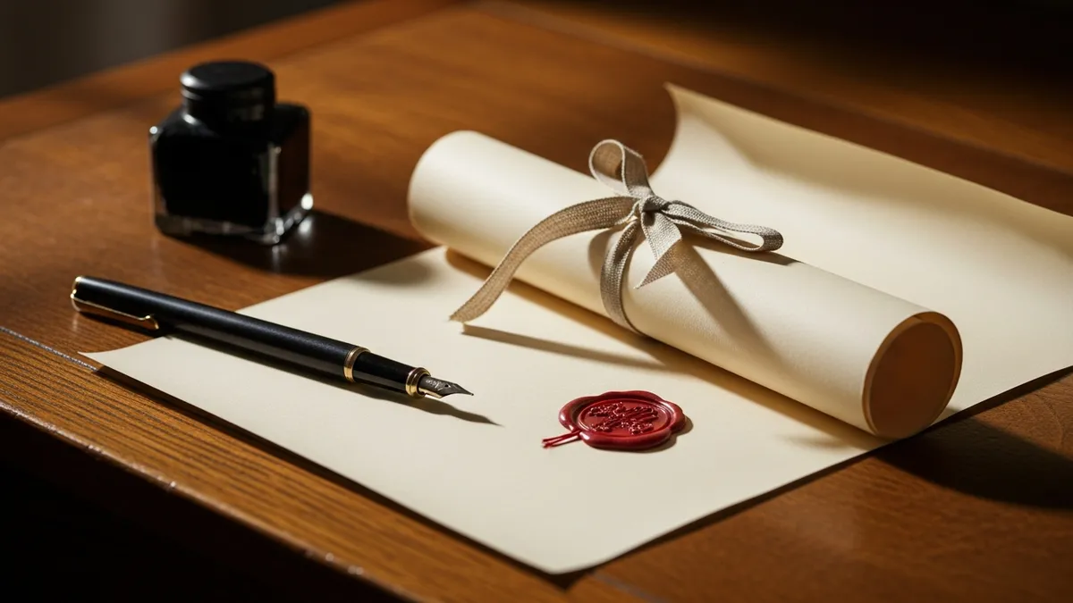 Vintage ink pen and cream scroll tied with linen ribbon on an oak desk in soft window light