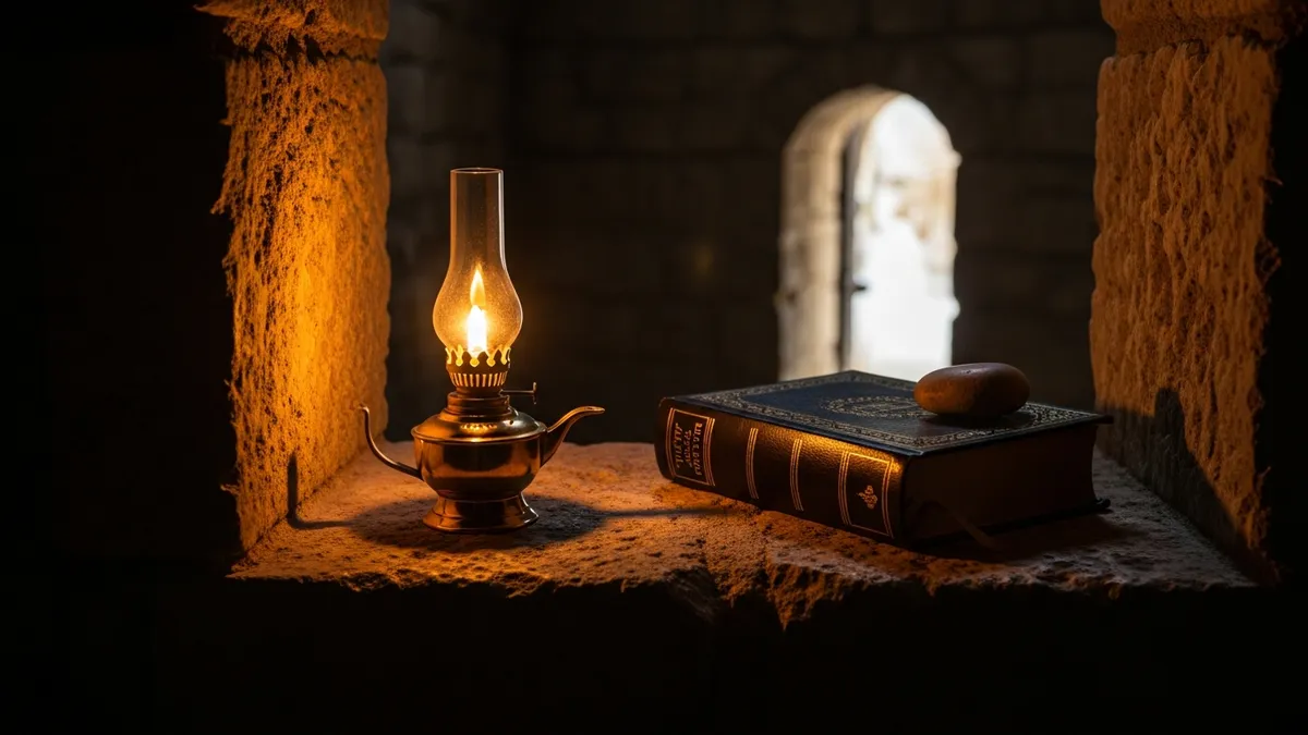 Glowing brass oil lamp on a stone ledge beside open ancient sefarim, warm light fading into shadowed stone archway beyond