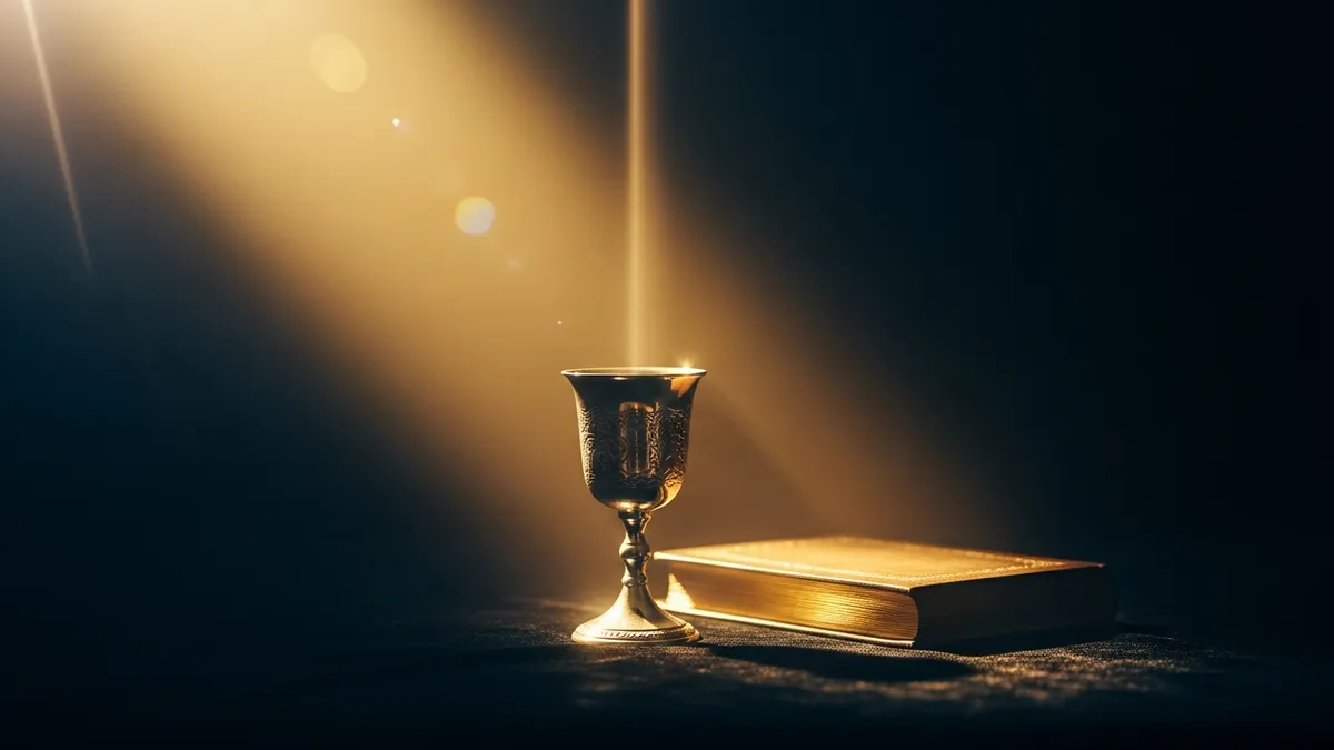A lit white candle beside an open ancient sefer, warm golden light radiating outward into soft darkness