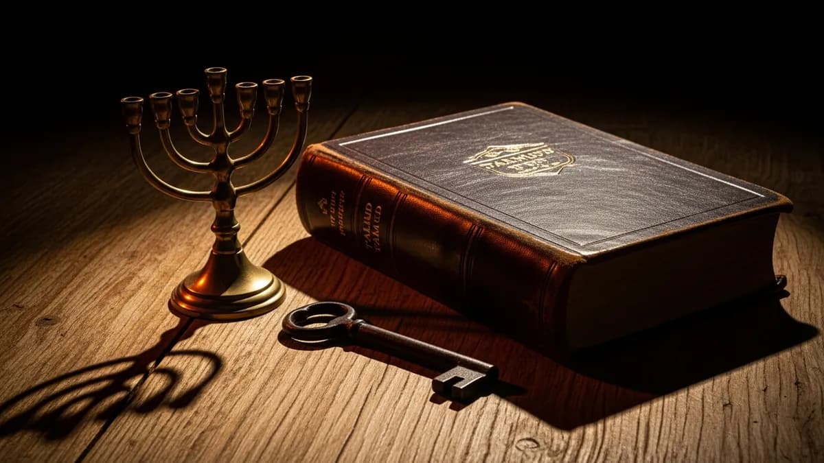 Open Talmud volume on a worn wooden study table with soft amber light and a silver kiddush cup