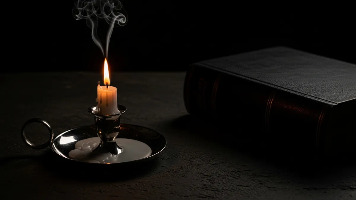 Smooth river stones arranged in a soft spiral on aged stone, warm golden light and curling smoke suggesting cyclical mystery
