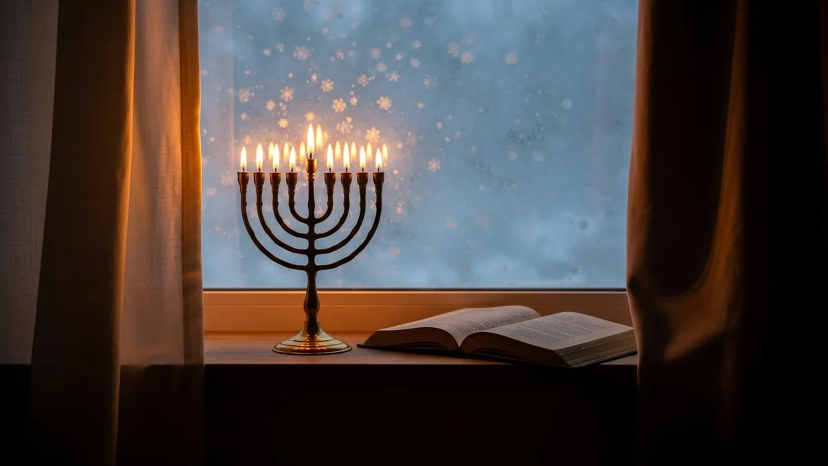 Brass Hanukkah menorah glowing beside an open Hebrew book on a frosted winter windowsill at dusk