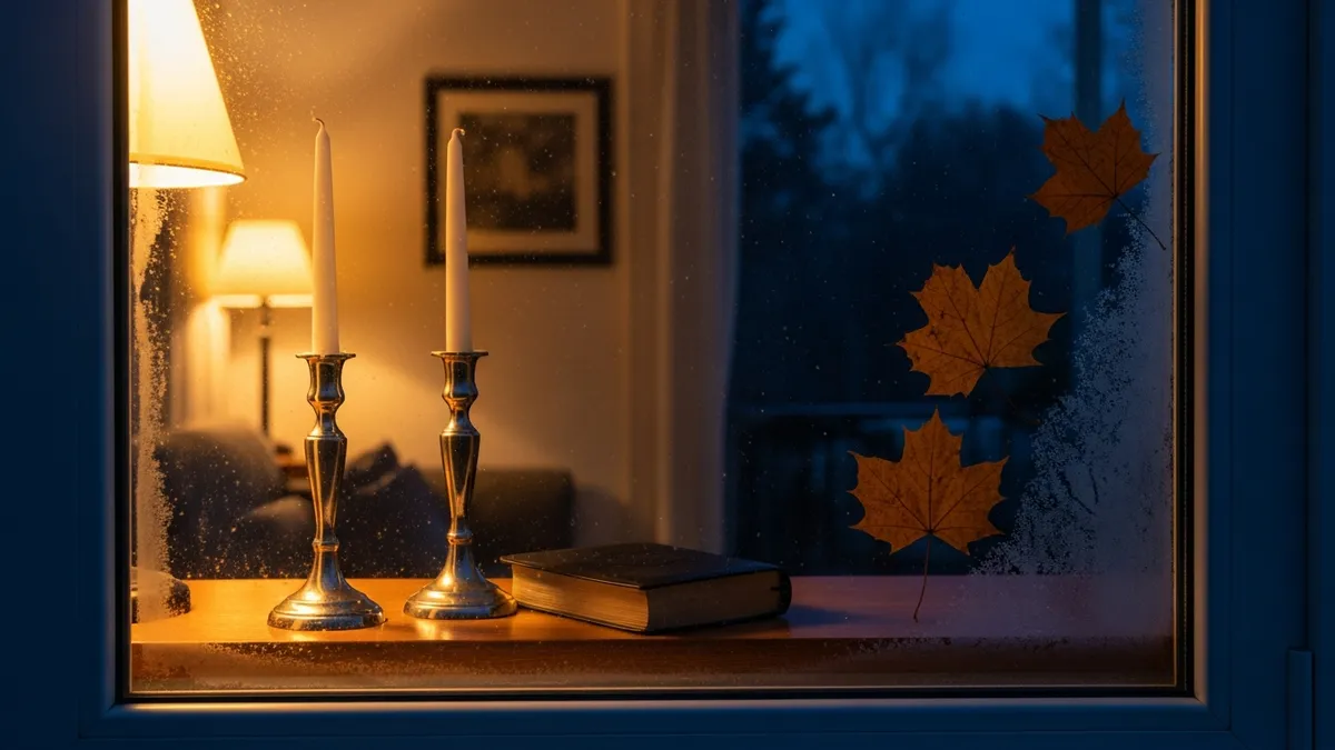 Single lit taper candle beside a closed leather-bound book on an autumn study table with rain-streaked window