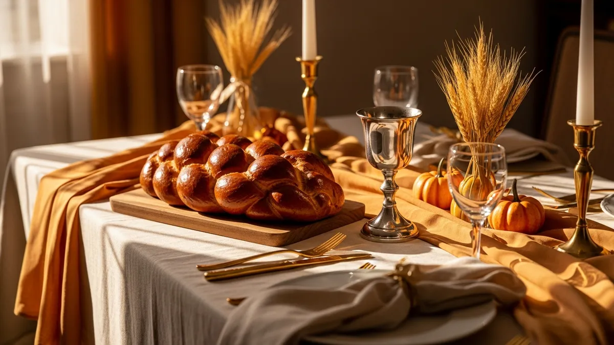Braided challah and silver Kiddush cup on a linen-covered autumn table with dried wheat and warm window light