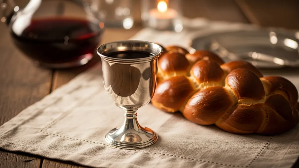 Silver kiddush cup filled with red wine beside braided challah on a cream linen table with warm candlelight