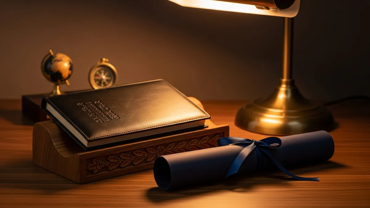 Worn wooden desk with open classical and academic books under warm brass lamp light, fountain pen on notebook