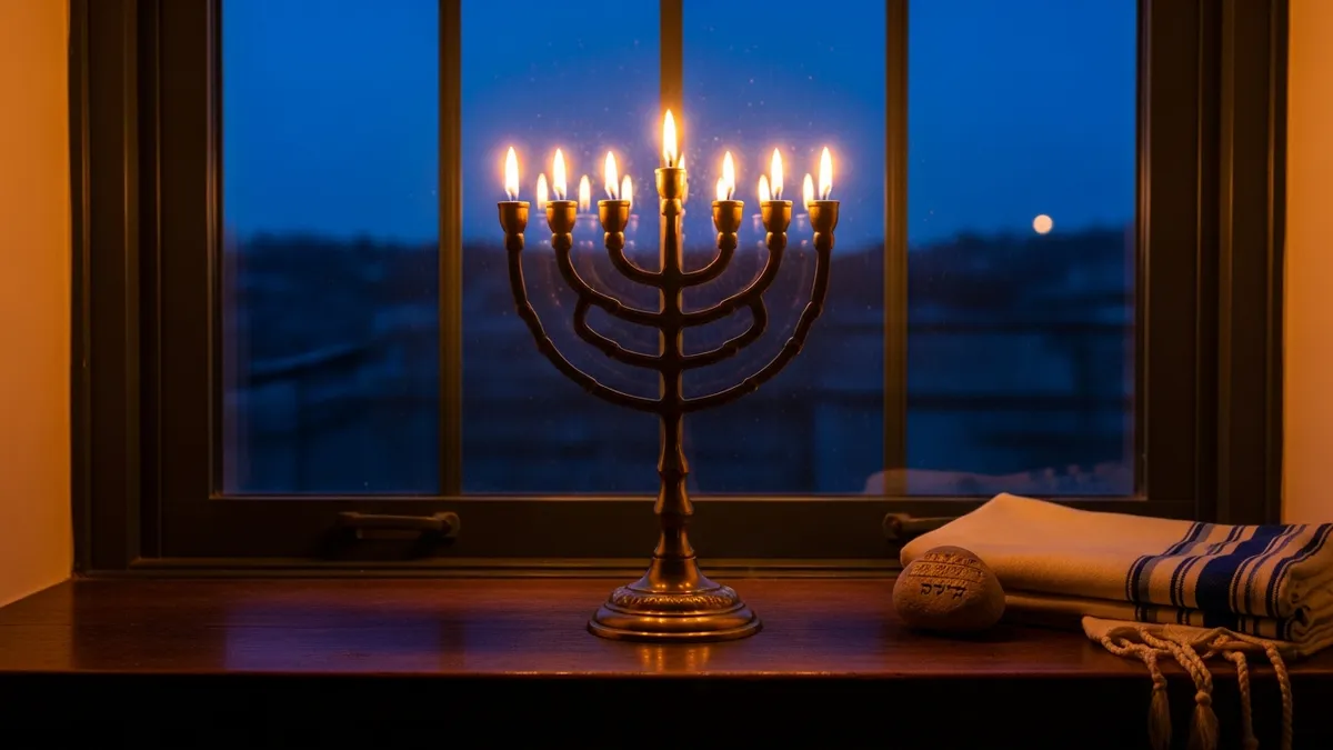 Candlelit stone windowsill at twilight with small brass menorah and open prayer book facing a golden horizon