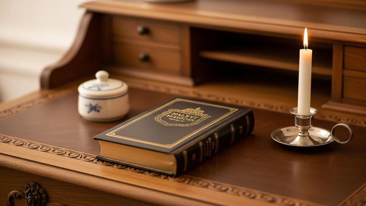 Open leather-bound sefer on a rabbi's study desk beside a brass inkwell and dried white rose in warm candlelight
