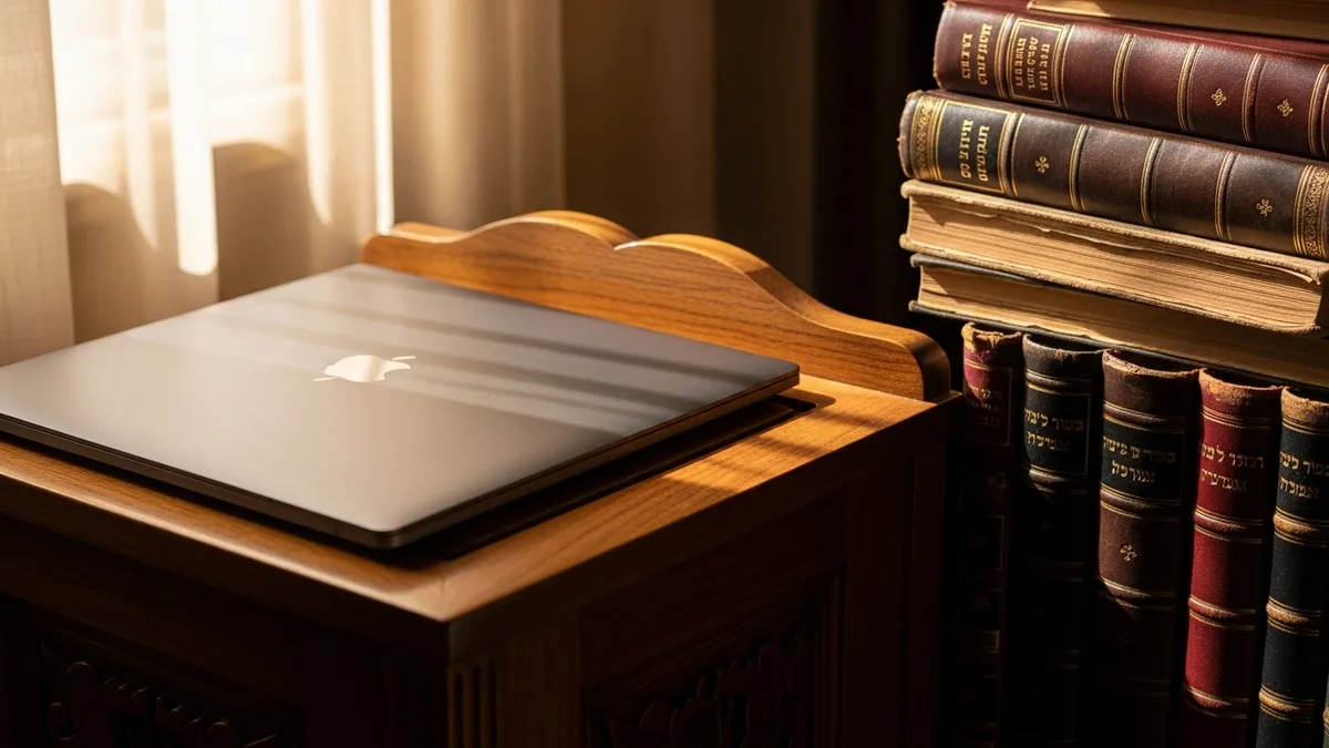 Closed laptop resting on a wooden shtender beside a stack of aged sefarim in warm window light