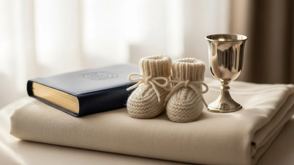Tiny knitted baby booties resting on an open Chumash in soft golden morning light