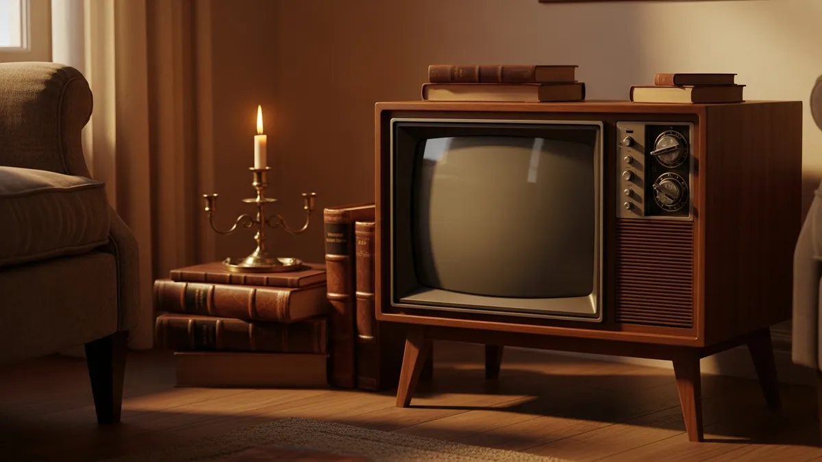 Vintage wooden television set switched off beside leather-bound books and a brass candlestick in warm amber light