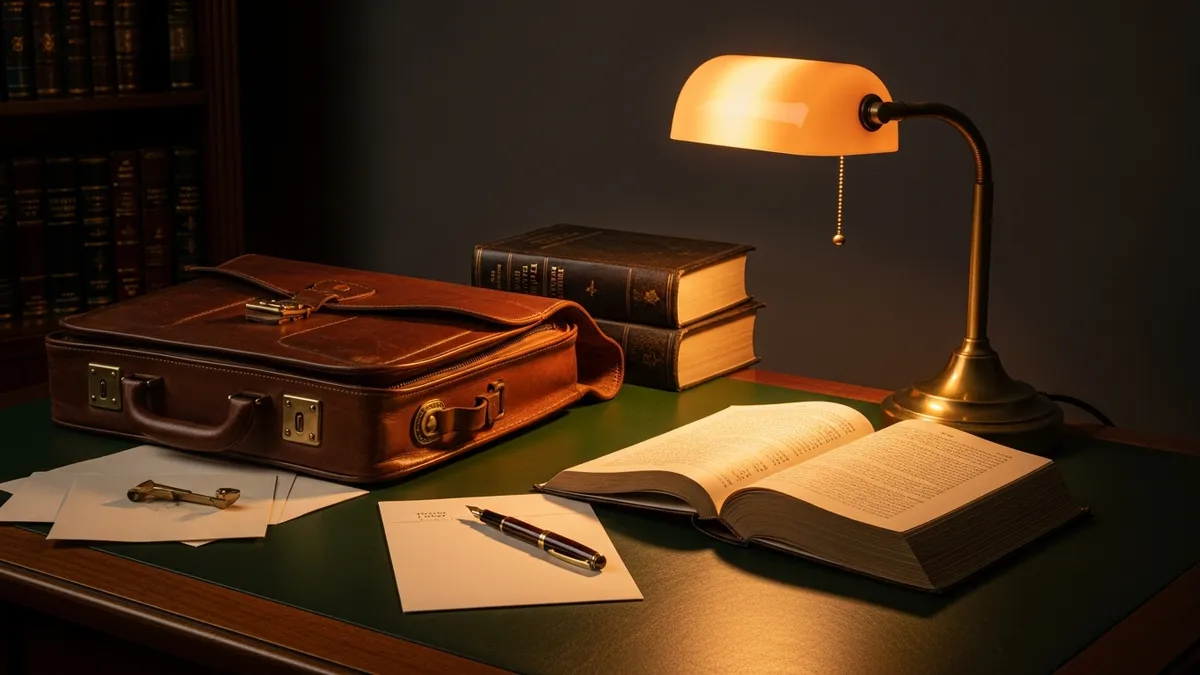 Leather briefcase and open Talmud on a wooden desk beside a brass lamp in warm golden study light
