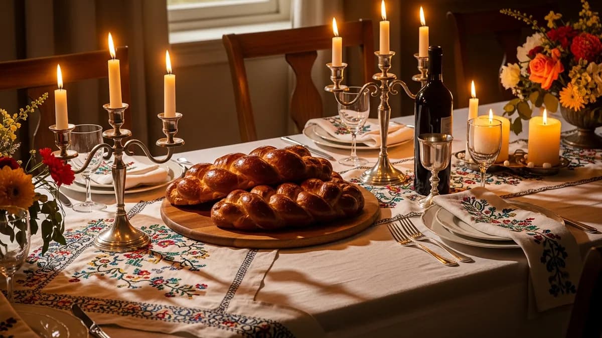 Shabbat table set with silver candlesticks, glowing candles, braided challah, and a silver kiddush cup in warm golden light
